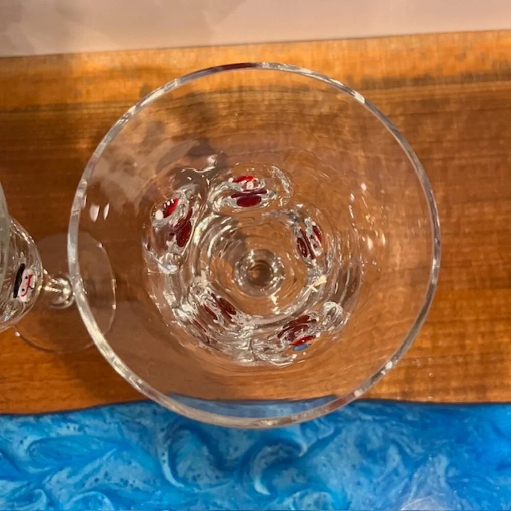 Set of (2) Crate & Barrel 8oz Blown Glass Fused Snowmen Santa Wine Goblet Glass